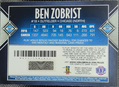 BEN ZOBRIST 2017 HBP Honus Bonus Fantasy Career Milestone SP #1/1 TB Rays One of