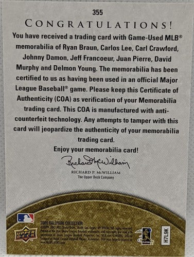 Ryan BRAUN Johnny DAMON Carlos LEE Juan PIERRE CRAWFORD + 2009 Ballpark 8 Jersey