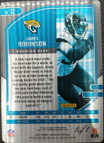 JAMES ROBINSON 2021 Panini Absolute PRINTING PLATE SP #1/1 Jaguars #62 One of