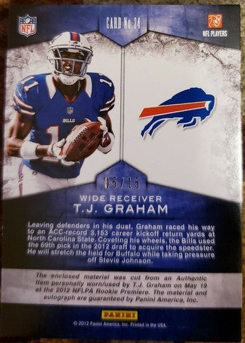T.J. GRAHAM 2012 Momentum Rookie Dual AUTO Autograph Jersey PATCH SP #/15 Bills