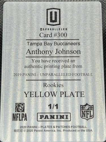 ANTHONY JOHNSON 2019 Panini Unparalleled RC PRINTING PLATE 1/1 Buccaneers One of