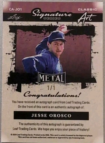 JESSE OROSCO 2024 Leaf Metal Classic Art AUTO SP #1/1 of NY Mets Yankees Dodgers