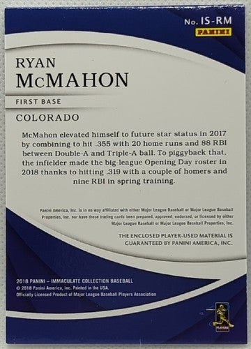 RYAN McMAHON 2018 Panini Immaculate Game Used Jersey LAUNDRY TAG PATCH SP #10/10