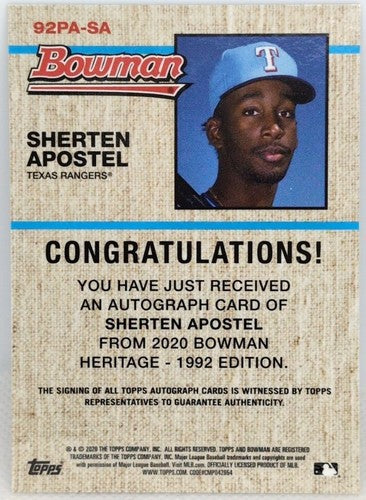 SHERTEN APOSTEL 2020 Topps Bowman Heritage Chrome 1992 RC Prospect AUTO Rangers