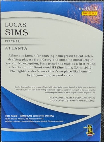 LUCAS SIMS 2018 Panini Immaculate Game Worn Used Jersey LAUNDRY TAG #2/10 Braves