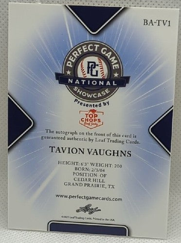 TAVION VAUGHNS 2021 Leaf Perfect Game National Showcase AUTO GOLD #1/1 Oklahoma