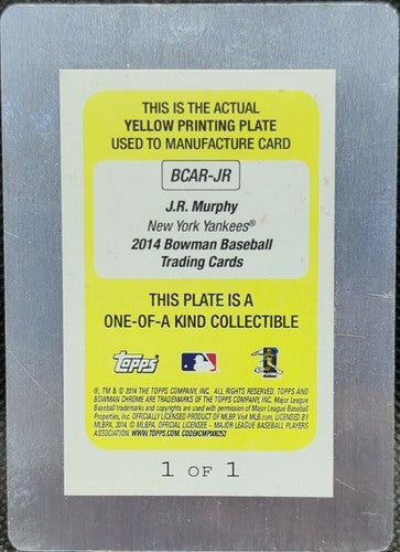J. R. MURPHY 2014 Topps Bowman RC AUTO PRINTING PLATE SP #1/1 Yankees One of JR