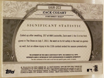 ZACK COZART 2013 Topps Triple Threads Unity Dual AUTO Game Used Jersey #/99 Reds