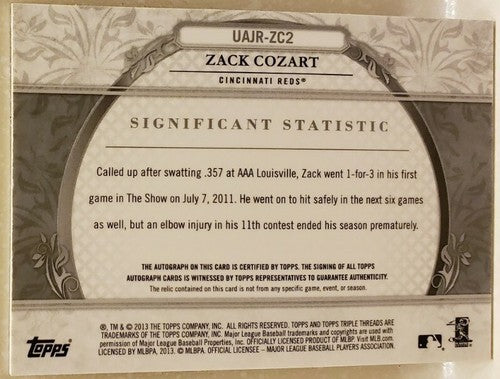 ZACK COZART 2013 Topps Triple Threads Unity Dual AUTO Game Used Jersey #/99 Reds