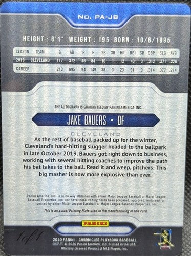 â¾ JAKE BAUERS 2020 Panini Chronicles Playbook AUTO PRINTING PLATE #1/1 Yankees