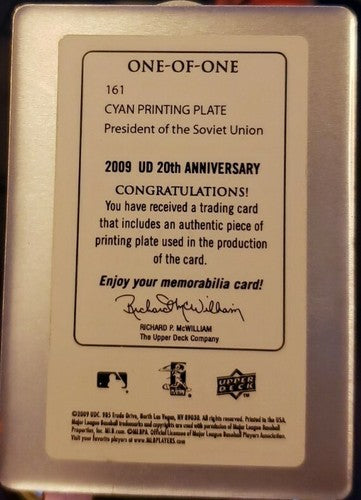 Mikhail GORBACHEV 2009 Upper Deck 20th Anniversary PRINTING PLATE #1/1 of 1 USSR