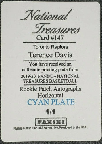 TERENCE DAVIS 2019-20 Panini National Treasures PRINTING PLATE 1/1 Raptors Kings