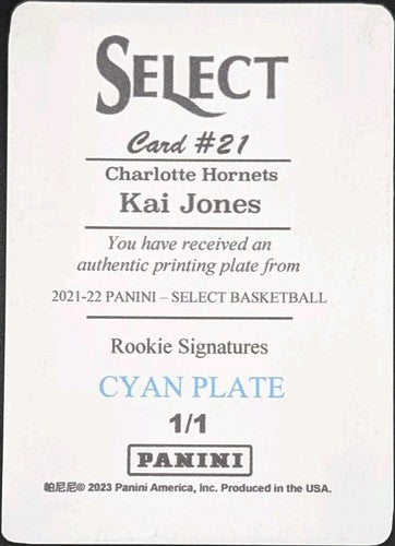 KAI JONES 2021-22 Panini Select Rookie Signatures PRINTING PLATE SP #1/1 Hornets