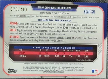 ð´ SIMON MERCEDES 2015 Topps Bowman Chrome 1st RC Refractor AUTO SP /499 Red Sox
