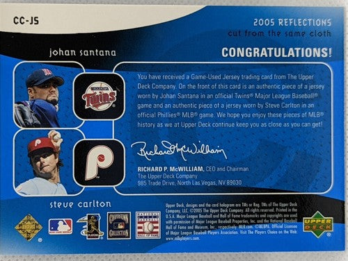 Steve CARLTON Johan SANTANA 2005 Upper Deck Reflections DUAL Jersey SP /50 Twins