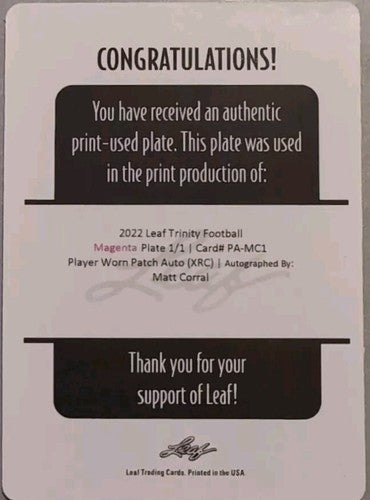 MATT CORRAL 2022 Leaf Trinity RC DUAL AUTO PRINTING PLATE #1/1 Panthers Ole Miss