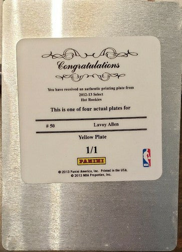 LAVOY ALLEN 2012-13 Panini Select Hot Rookies PRINTING PLATE SP #1/1 of 1 76ers