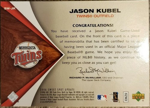 JASON KUBEL 2006 Topps Sweet Spot Update Beginnings QUAD Game Used Jersey Twins