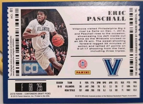 ERIC PASCHALL 2019-20 Panini Contenders Draft Picks RC AUTO Warriors Villanova