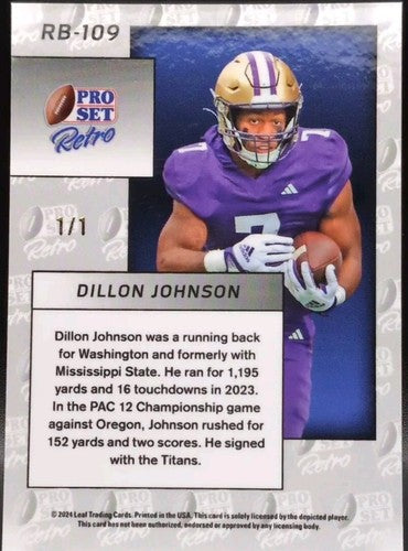 DILLON JOHNSON 2024 Leaf Pro Set Metal Retro GREEN PULSAR #1/1 Panthers Huskies