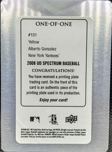 ALBERTO GONZALEZ 2007 Upper Deck Spectrum RC PRINTING PLATE #1/1 Yankees One of