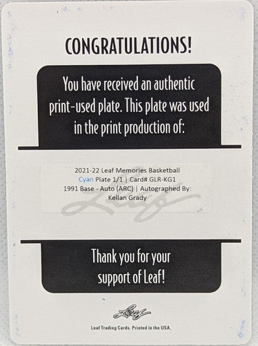 KELLAN GRADY 2021-22 Leaf Memories 1991 AUTO PRINTING PLATE 1/1 Nuggets Kentucky