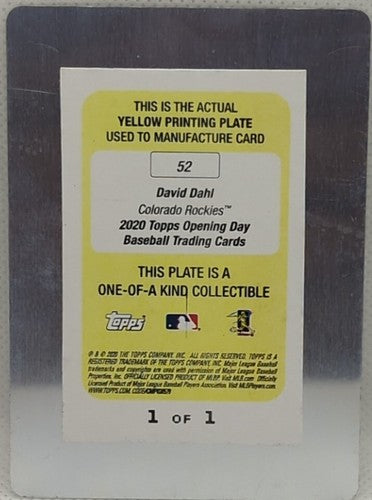 DAVID DAHL 2020 Topps Opening Day PRINTING PLATE SP #1/1 Rockies Rangers One of