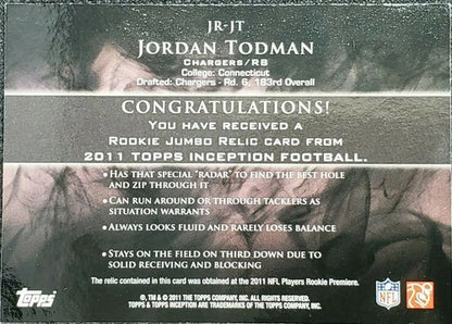 JORDAN TODMAN 2011 Topps Inception RC JUMBO JERSEY Platinum #1/1 Chargers One of