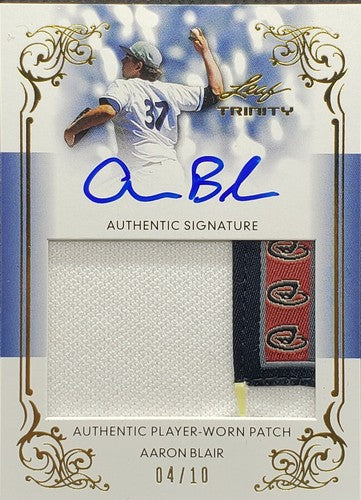 AARON BLAIR 2013 Leaf Trinity DUAL AUTO JUMBO LAUNDRY TAG LOGO PATCH Gold #/10