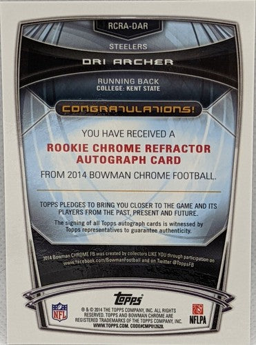 DRI ARCHER 2014 Topps Bowman Chrome RC Refractor AUTO SP Steelers Jets Bills DAR