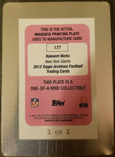 HAKEEM NICKS 2013 Topps Archives PRINTING PLATE SP #1/1 of New York Giants Colts