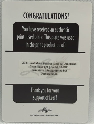 DOMINIC HELLMAN 2021 Leaf Perfect Game All-American AUTO PRINTING PLATE #1/1 Dom
