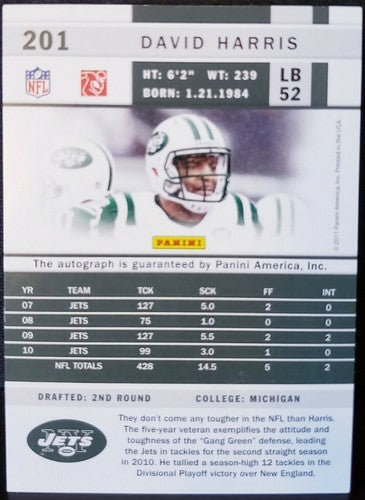 DAVID HARRIS 2011 Panini Score Signatures Football SP AUTO #201 New York NY Jets