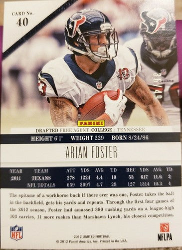 ARIAN FOSTER 2012 Panini Limited Silver Spotlight SP #36/49 Houston Texans #40