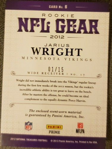 JARIUS WRIGHT 2012 National Treasures Quad Jersey Laundry Tag PATCH 1/15 Vikings