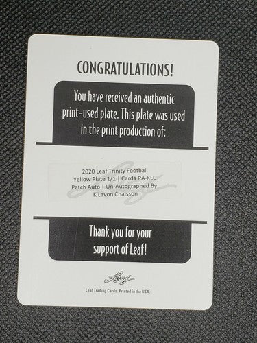 K'LAVON CHAISSON 2020 Leaf Trinity Rookie RC PRINTING PLATE SP #1/1 LSU Jaguars