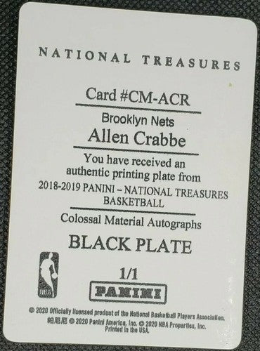 ALLEN CRABBE 2018-19 Panini National Treasures Colossal PRINTING PLATE #1/1 Nets