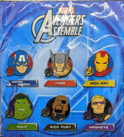 6 Disney Pin Marvel AVENGERS ASSEMBLE Booster SET Iron Man Nick Fury Thor Hulk +