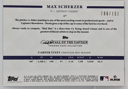 MAX SCHERZER 2022 Topps X Derek Jeter Captain's SKY BLUE SP #/150 Tigers Rangers