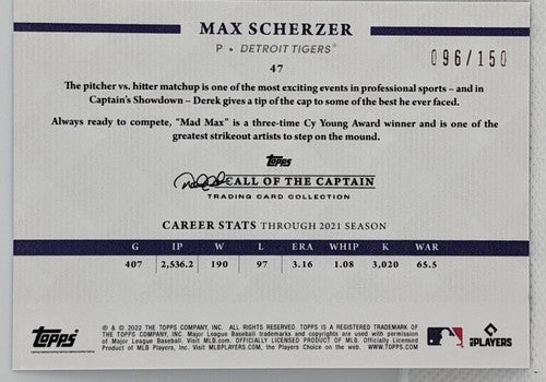 MAX SCHERZER 2022 Topps X Derek Jeter Captain's SKY BLUE SP #/150 Tigers Rangers