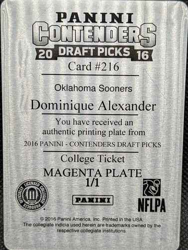 DOMINIQUE ALEXANDER 2016 Panini Contenders RC AUTO PRINTING PLATE #1/1 Browns of