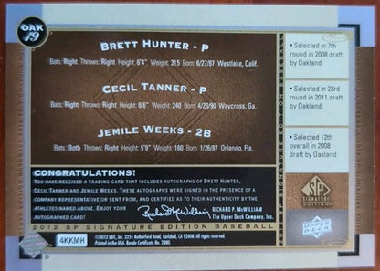 Jemile WEEKS Brett HUNTER Cecil TANNER 2012 SP Signature TRIPLE AUTO Oakland A's