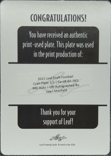 JALEN MAYFIELD 2021 Leaf Draft XRC RC PRINTING PLATE 1/1 Falcons Michigan One of