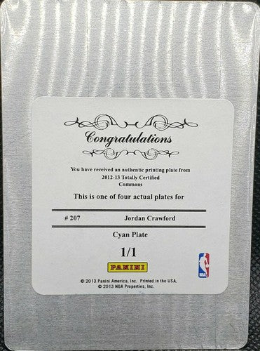 JORDAN CRAWFORD 2012-13 Panini Totally Certified PRINTING PLATE #1/1 Wizards of