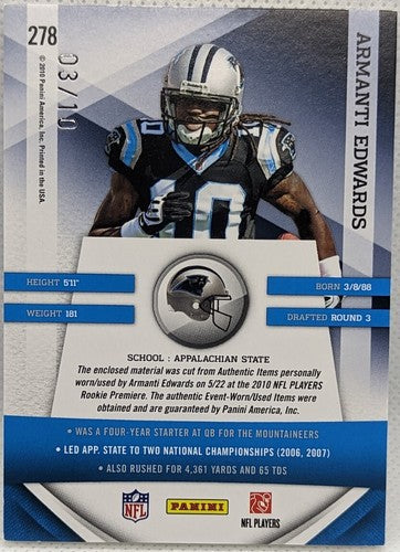ARMANTI EDWARDS 2010 Panini Gridiron Gear Gems JUMBO Jersey PATCH #3/10 Panthers