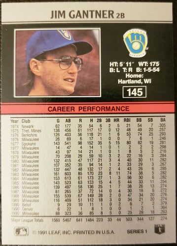 JIM GANTNER 2013 Memories Buy Back 1991 Leaf Red SP #1/1 Milwaukee Brewers #145