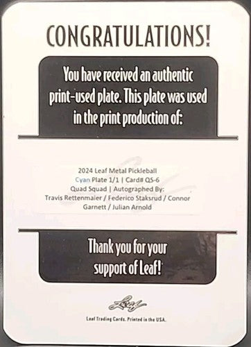 Travis RETTENMAIER Julian ARNOLD + 2024 Pickleball QUAD AUTO PRINTING PLATE #1/1