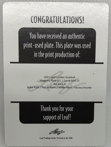 Babe RUTH Ted WILLIAMS Mickey MANTLE Willie MAYS 2021 Lumber PRINTING PLATE #1/1