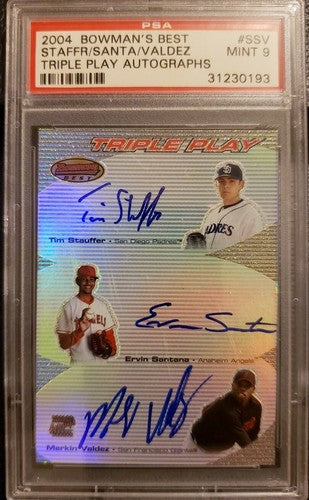 Ervin SANTANA Tim STAUFFER VALDEZ 2004 Bowman's Best TRIPLE Play AUTO PSA Mint 9