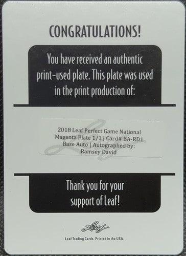 RAMSEY DAVID 2018 Leaf Perfect Game RC AUTO PRINTING PLATE SP #1/1 Auburn One of